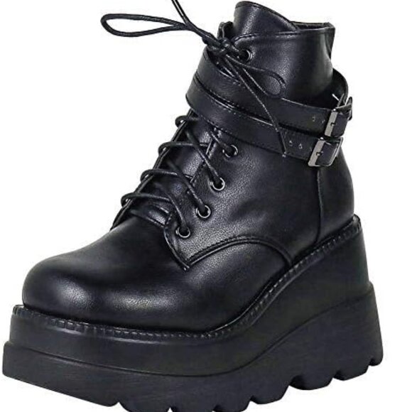Chunky Platform Boots Women Synthetic 4 Inch High Heel Combat Ankle Shoes - Picture 1 of 6